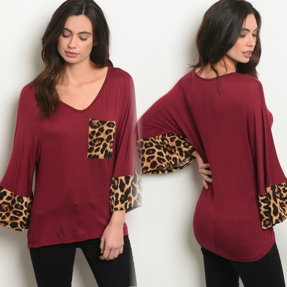 Elegant Burgundy Top with Leopard Print Accents - Picture 1 of 5